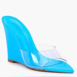 SCHUTZ Women's Blue Lucimara Vinyl Wedge Sandal Heel Sz 9.5 NWOB